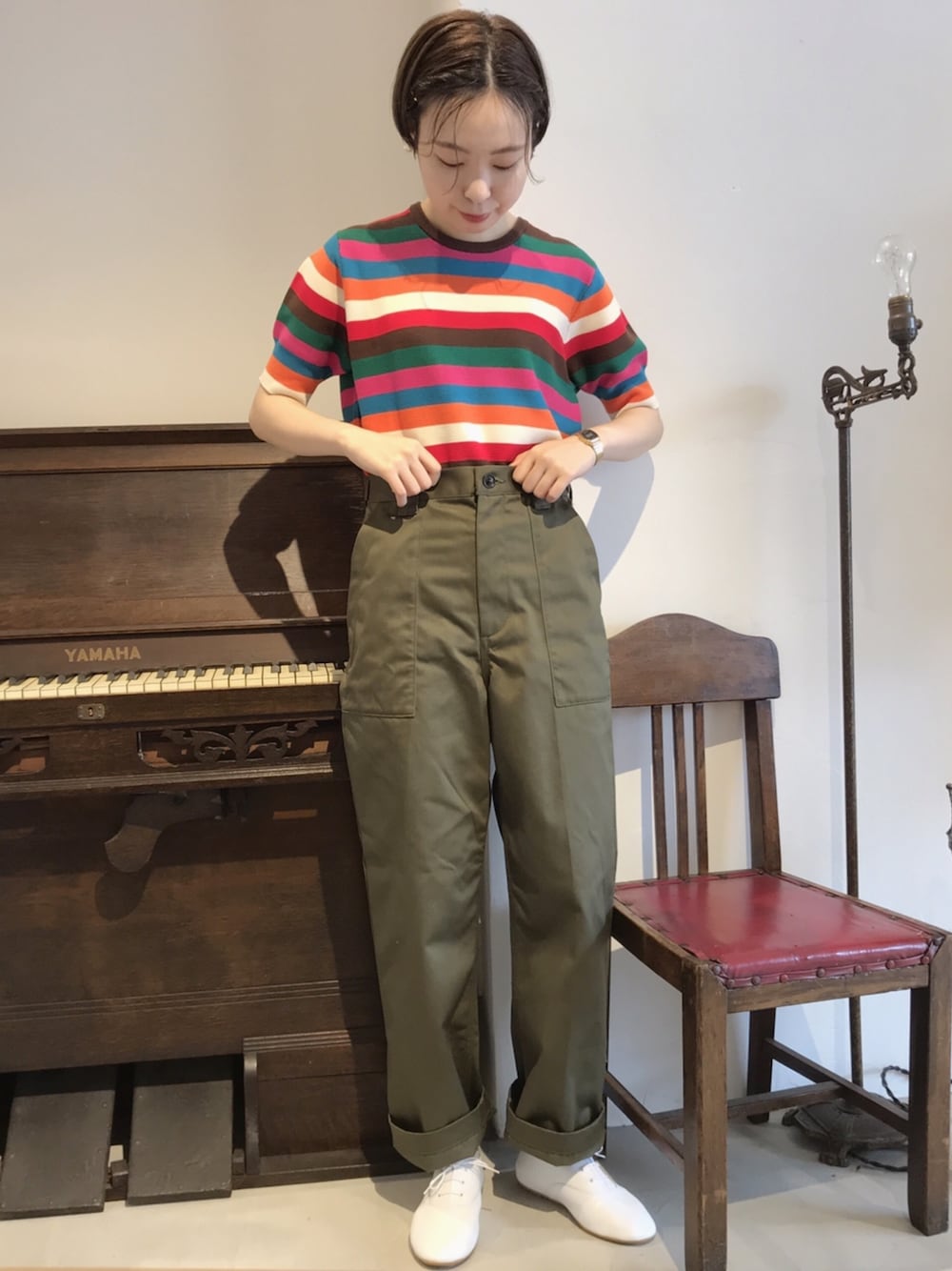 「パンツスタイル、マルチカラー、ボーダー、チャイルドウーマン、ドットアンドストライプス(Dot＆Stripes　CHILDWOMAN)、アンビデックス、マルチボーダー」｜「My Fav. CHILD WOMANの●Ｔ/Ｃウエポンファティーグパンツ（その他パンツ、グリーン系）」を使った、Iwaさん（レディース・160cm）の夏コーディネートの1枚目の写真