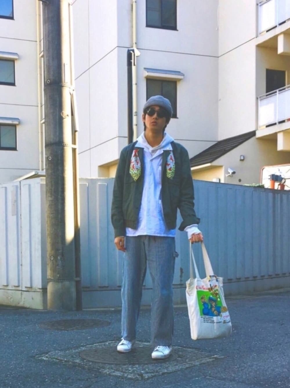 「FREAK’Ｓ STORE、サーマル、ワーク、UNIQLOandLEMAIRE、開襟シャツ、白シャツ、ロールキャップ、スカーフ、デニム、Champion」｜「Engineered GarmentsのEngineered Garments / エンジニアードガーメンツ:Camp Shirt #（シャツ/ブラウス、ホワイト系）」を使った、Ringringさん（メンズ・172cm）の秋コーディネートの1枚目の写真
