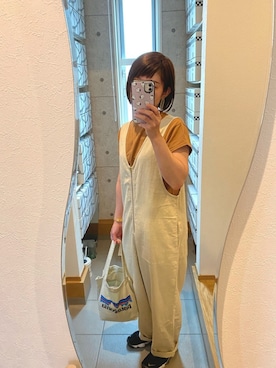 「RED CHOP WORKS（レッドチョップワークス）のアイテム（オールインワン・サロペット）」を使った、ティナさん（レディース・155cm）の夏コーディネート