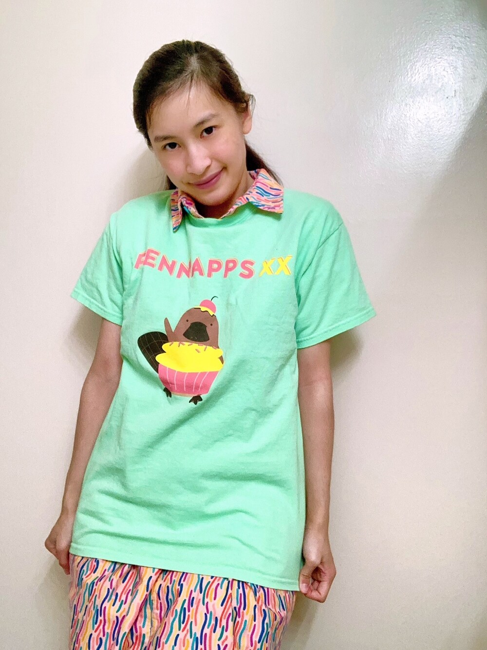 「shirtdress、pattern、patterns、PARTY、birthday、Cute、Kawaii、Confetti、fun、exciting」｜「University of PennsylvaniaのPennApps Hackathon（Tシャツ/カットソー、その他）」を使った、Marieさん（レディース・163cm）の冬コーディネートの1枚目の写真