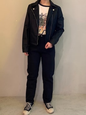「SPINNS（スピンズ）のアイテム（ライダースジャケット）」を使った、あんみさん（レディース・156cm）の春コーディネート
