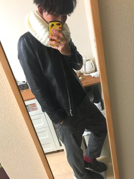「Right-on（ライトオン）のアイテム（ライダースジャケット）」を使った、りょーたさん（メンズ・181cm）の冬コーディネート