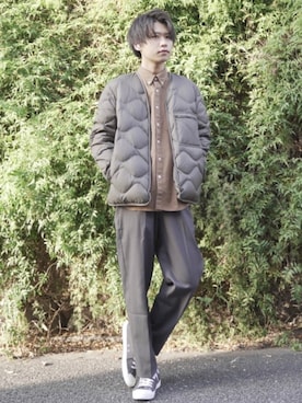 「ワイドスラックス」｜「アイテム（ダウンジャケット/コート）」を使った、しのさん（メンズ・172cm）の冬コーディネート