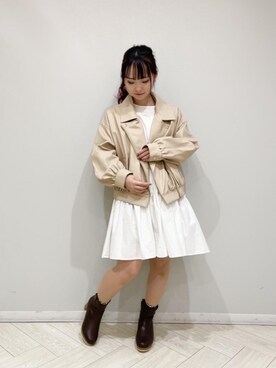 「シャツワンピ」｜「アイテム（ライダースジャケット）」を使った、マジェスティックレゴンルミネ立川店スタッフさん（レディース・150cm）の冬コーディネート