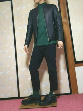 「靴下チラ見せ」｜「アイテム（ライダースジャケット）」を使った、ひろさん（メンズ・168cm）の冬コーディネート