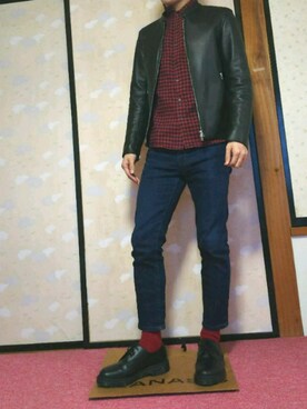「靴下チラ見せ」｜「アイテム（ライダースジャケット）」を使った、ひろさん（メンズ・168cm）の冬コーディネート