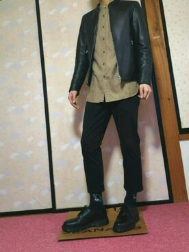 「靴下チラ見せ」｜「アイテム（ライダースジャケット）」を使った、ひろさん（メンズ・168cm）の冬コーディネート
