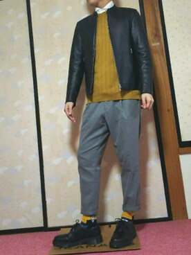 「靴下チラ見せ」｜「アイテム（ライダースジャケット）」を使った、ひろさん（メンズ・168cm）の冬コーディネート