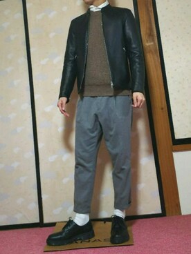 「靴下チラ見せ」｜「アイテム（ライダースジャケット）」を使った、ひろさん（メンズ・168cm）の冬コーディネート