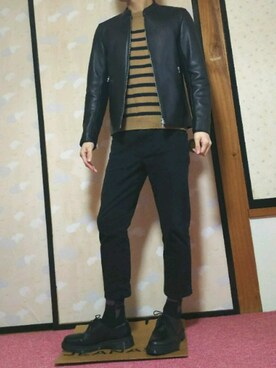 「靴下チラ見せ」｜「アイテム（ライダースジャケット）」を使った、ひろさん（メンズ・168cm）の冬コーディネート