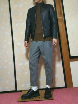 「靴下チラ見せ」｜「アイテム（ライダースジャケット）」を使った、ひろさん（メンズ・168cm）の冬コーディネート