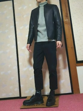「靴下チラ見せ」｜「アイテム（ライダースジャケット）」を使った、ひろさん（メンズ・168cm）の冬コーディネート