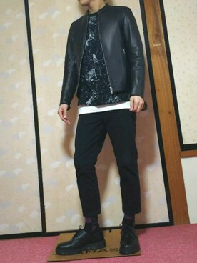 「靴下チラ見せ」｜「アイテム（ライダースジャケット）」を使った、ひろさん（メンズ・168cm）の冬コーディネート