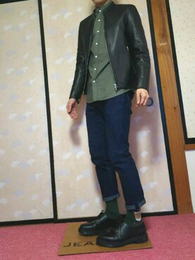 「靴下チラ見せ」｜「アイテム（ライダースジャケット）」を使った、ひろさん（メンズ・168cm）の冬コーディネート