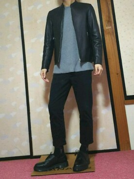「靴下チラ見せ」｜「アイテム（ライダースジャケット）」を使った、ひろさん（メンズ・168cm）の冬コーディネート