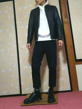 「靴下チラ見せ」｜「アイテム（ライダースジャケット）」を使った、ひろさん（メンズ・168cm）の冬コーディネート