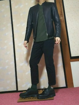 「靴下チラ見せ」｜「アイテム（ライダースジャケット）」を使った、ひろさん（メンズ・168cm）の冬コーディネート