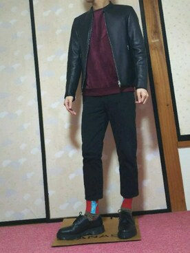 「靴下チラ見せ」｜「アイテム（ライダースジャケット）」を使った、ひろさん（メンズ・168cm）の冬コーディネート