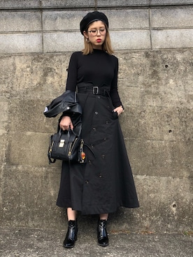 「トレンチスカート」｜「アイテム（ライダースジャケット）」を使った、RURIさん（レディース・163cm）の冬コーディネート