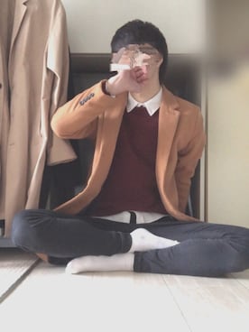 「MONO-MART（モノマート）のシャギーメルトンチェスターコート18AW(MONO-MART)（チェスターコート、イエロー系）」を使った、りったさん（メンズ・177cm）の冬コーディネート