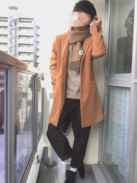 「MONO-MART（モノマート）のシャギーメルトンチェスターコート18AW(MONO-MART)（チェスターコート、イエロー系）」を使った、りったさん（メンズ・177cm）の冬コーディネート