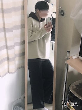 「EMMA CLOTHES（エマクローズ）のギルダン USAオーバーサイズ ロングスリーブ プルオーバー パーカー (裏起毛)（パーカー、ブラウン系）」を使った、りったさん（メンズ・177cm）の春コーディネート