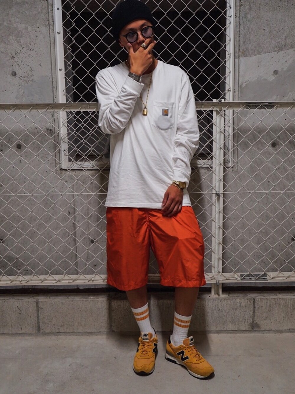 「UNIQLO、carhartt、oh!the guilt、New Balance、1400、outfit」｜「UNIQLOのアイテム（ニットキャップ/ビーニー、ブラック系）」を使った、F.Kentaroさん（メンズ・175cm）の夏コーディネートの1枚目の写真