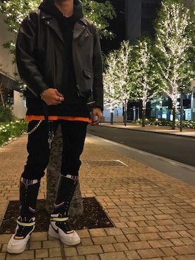 「MONKEY TIME（モンキータイム）のアイテム（ライダースジャケット）」を使った、F.Kentaroさん（メンズ・175cm）の冬コーディネート