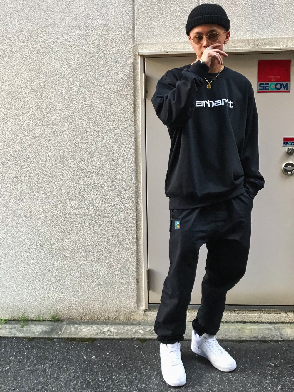 「carhartt、Carhartt WIP(Carhartt WIP)、ROTHCO、patta、NIKE、AF1、outfit」｜「ROTHCOのWEB限定 ROTHCO/ロスコ ミリタリー ワッチキャップ               （ニットキャップ/ビーニー、ブラック系）」を使った、F.Kentaroさん（メンズ・175cm）の春コーディネートの1枚目の写真