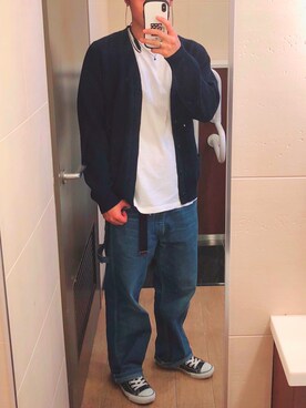 「UNIQLO（ユニクロ）のクルーネックT（半袖）（Tシャツ/カットソー、ホワイト系）」を使った、T Hさん（メンズ・171cm）の秋コーディネート