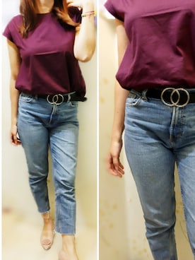 「stradivarius（ストラディバリウス）のアイテム（ベルト、ブラック系）」を使った、J.wwangさん（170cm）の夏コーディネート
