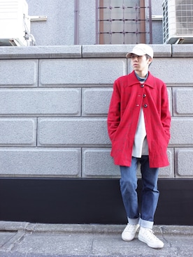 「アイテム（ポンチョ、レッド系）」を使った、遠藤航哉さん（メンズ・175cm）の冬コーディネート
