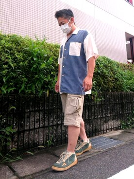 「mezzo forteのアイテム（シャツ/ブラウス、ブルー系）」を使った、靴好きくんさんさん（メンズ・166cm）の夏コーディネート