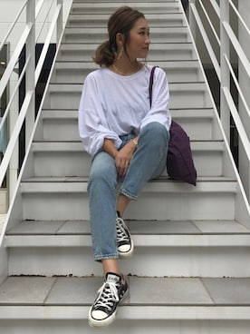 「via j（ヴィアジェイ）のvia j(ヴィアジェイ) 袖パフビッグロングTシャツ（Tシャツ/カットソー）」を使った、yanさん（レディース・160cm）の秋コーディネート