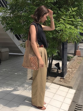 「mystic（ミスティック）のマクラメ編みトートバッグ（トートバッグ）」を使った、yanさん（レディース・160cm）の夏コーディネート