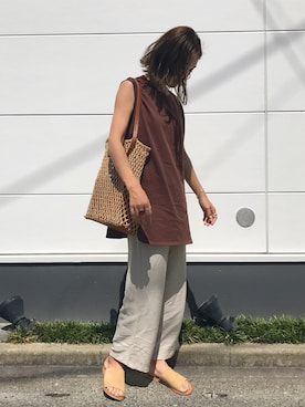 「mystic（ミスティック）のマクラメ編みトートバッグ（トートバッグ）」を使った、yanさん（レディース・160cm）の夏コーディネート