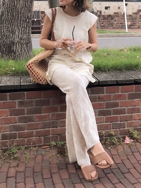 「mystic（ミスティック）のマクラメ編みトートバッグ（トートバッグ）」を使った、yanさん（レディース・160cm）の夏コーディネート