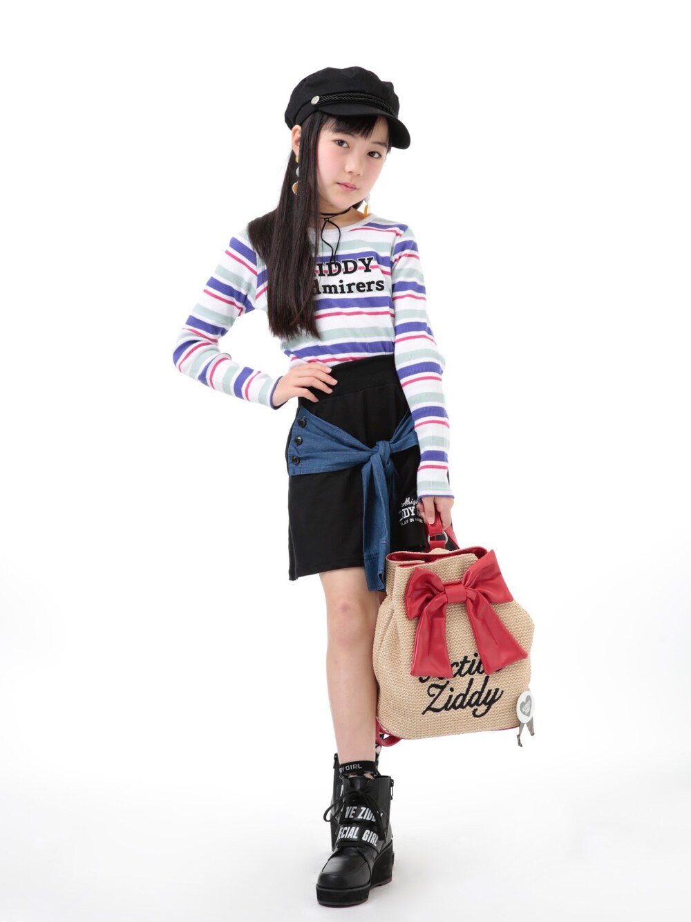 「ZIDDY」｜「ZIDDYのZIDDY/【カタログ掲載】テレコマルチボーダーロゴ刺繍Ｔシャツ（Tシャツ/カットソー、パープル系）」を使った、ハル☆さん（キッズ・138cm）の春コーディネートの1枚目の写真