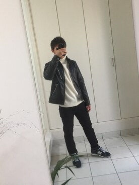「Confirm（コンファーム）のアイテム（ライダースジャケット）」を使った、まるまるさん（メンズ・168cm）の冬コーディネート