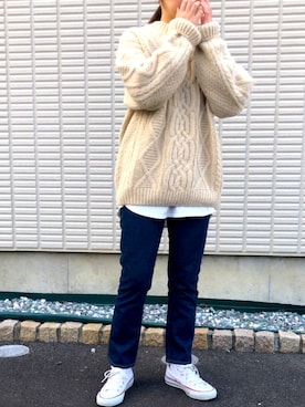 「via j（ヴィアジェイ）のvia j(ヴィアジェイ) ケーブルニット（ニット/セーター、ベージュ系）」を使った、あゆぽよさん（レディース・158cm）の秋コーディネート