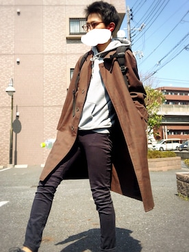 「no brand（ノーブランド）のアイテム（ステンカラーコート）」を使った、m_booooさん（メンズ・171cm）の春コーディネート