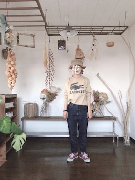 「アイテム（ピアス（片耳用）、ブルー系）」を使った、花屋になりたくてさん（レディース・155cm）の秋コーディネート