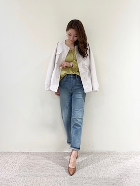 「ストレートデニム」｜「アイテム（ノーカラージャケット）」を使った、RISA HARADAさん（レディース・165cm）の春コーディネート
