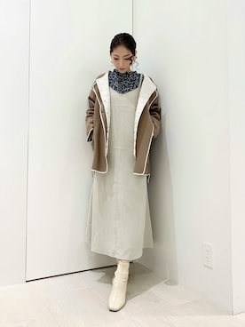 「プリーツ」｜「アイテム（ノーカラーコート）」を使った、RISA HARADAさん（レディース・165cm）の冬コーディネート