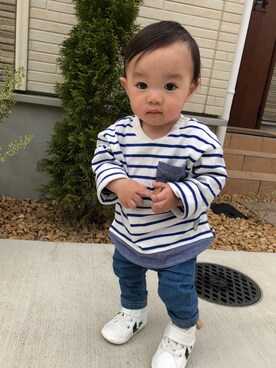 「apres les cours（アプレレクール）のシャツレイヤード長袖Tシャツ（Tシャツ/カットソー、ブルー系）」を使った、haruさん（キッズ・80cm）の春コーディネート