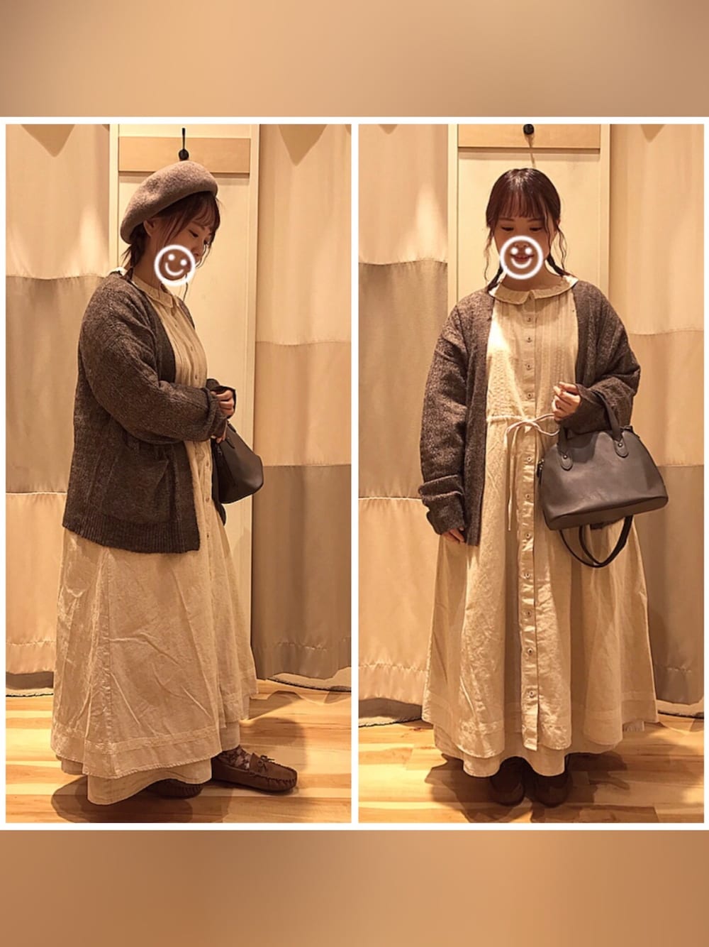 ブラウン系のニット/セーター、ベージュ系のワンピース、ベージュ系のスカートを着用したレディースの秋コーディネートの1枚目の写真