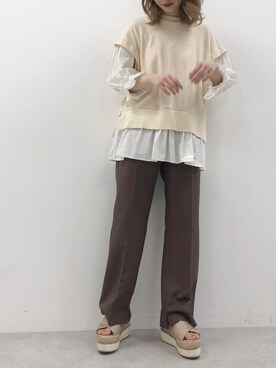 「one after another NICE CLAUP（ワンアフターアナザーナイスクラップ）のアイテム（スラックス、ブラウン系）」を使った、ricacoさん（レディース・158cm）の春コーディネート