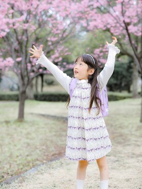 「nino（ニノ）の[90-120]ワンピース　ねこリボンＰＴ（ワンピース、パープル系）」を使った、LaLaLa.....✧︎*。さん（キッズ・120cm）の春コーディネート
