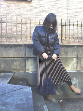 「natural couture（ナチュラルクチュール）の配色ニットプリーツワンピース（ワンピース）」を使った、ぷーさん（レディース・159cm）の冬コーディネート