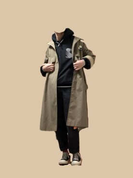 「no brand（ノーブランド）のアイテム（トレンチコート）」を使った、imnouさん（メンズ・172cm）の冬コーディネート